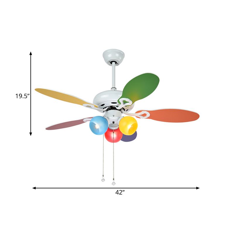 Globe Ceiling Fan Lighting Kids Style Blue-Red-Yellow Glass 3 Lights 42" W White Semi Flush Mount Lamp with 5 Multi-Color Blades