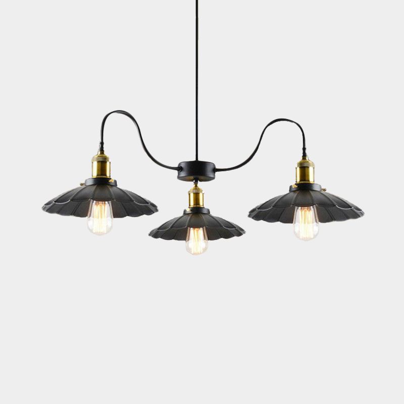 3 Heads Gooseneck Arm Hanging Light Vintage Black Iron Ceiling Chandelier with Scalloped Shade