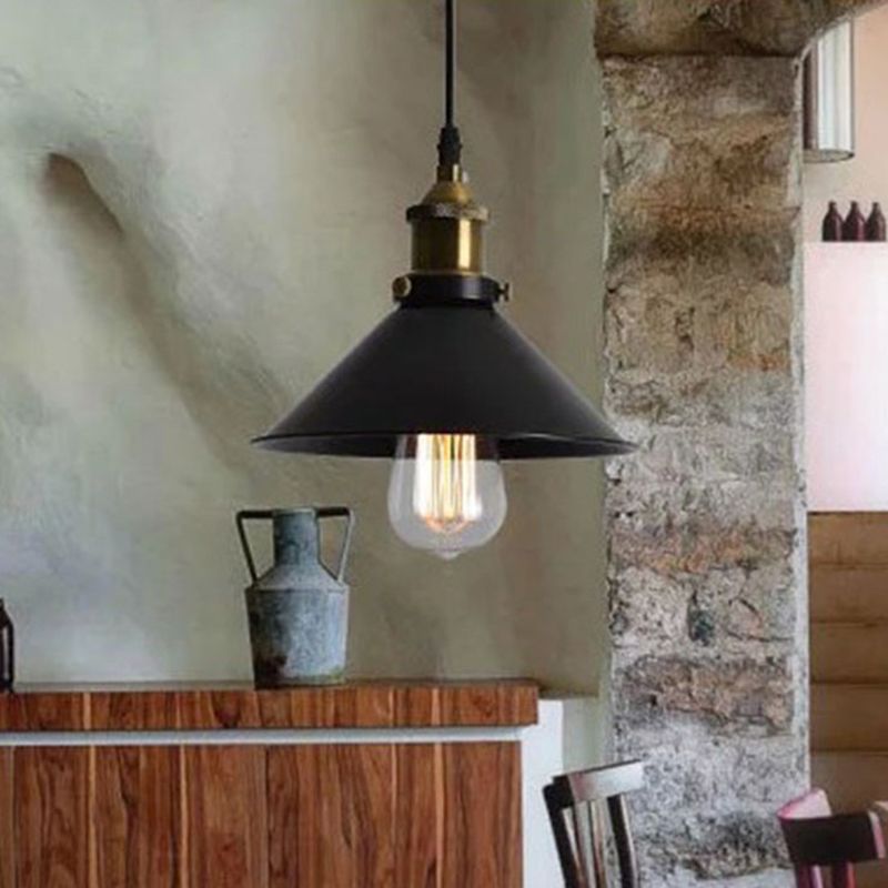 Industrial Wrought Iron Hanging Light Conical Metal Shade Single Bulb Pendant in Black for Barn Farmhouse Porch