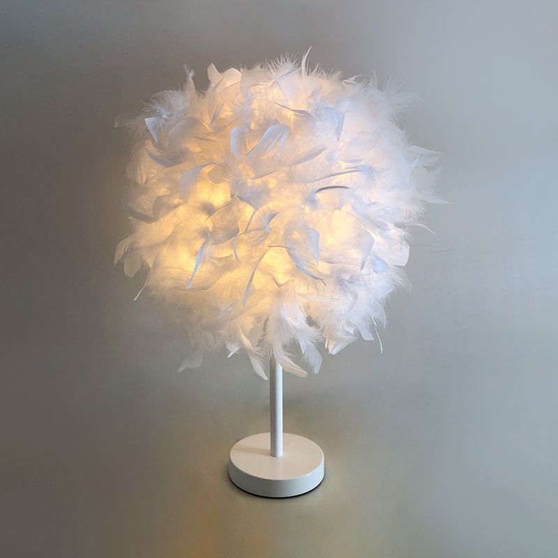 Feather Sphere Nightstand Light Nordic Style 1-Light White Table Lamp for Bedroom