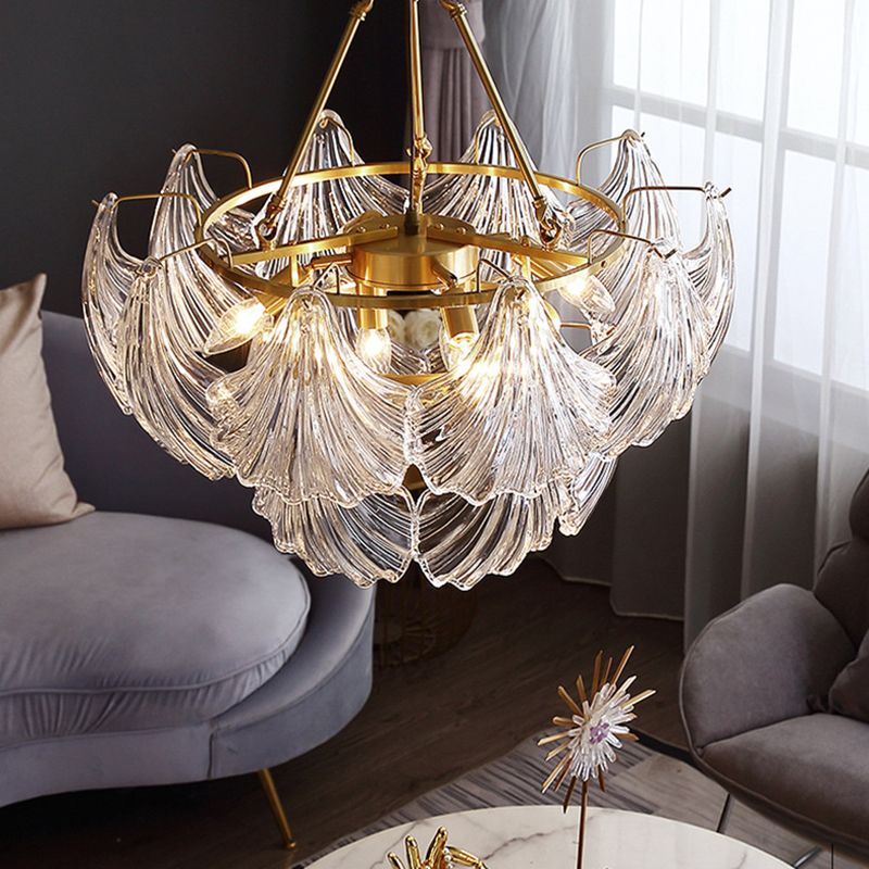 Transparent Glass Shells Multi Light Chandelier Contemporary Style Full Copper Ceiling Lighting Fixture for Bedroom Living Room