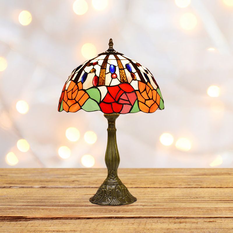 Victorian Style Flower Table Lamp 1 Head Red/Orange Stained Glass Nightstand Light for Bedroom