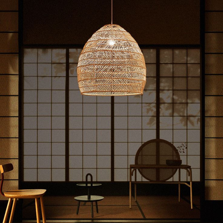 Rattan Bell Shaped Pendant Asian Style 1-Light Hanging Light Fixture for Tearoom