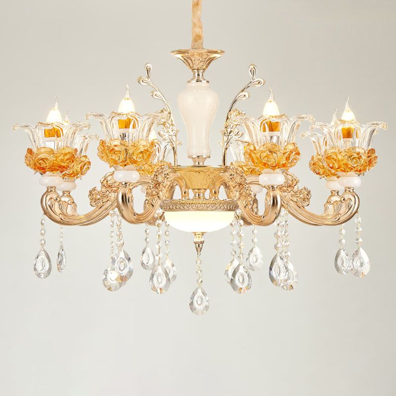 Living Room Chandelier Lamp Simple Gold Suspension Light Fixture with Floral Clear Glass Shade