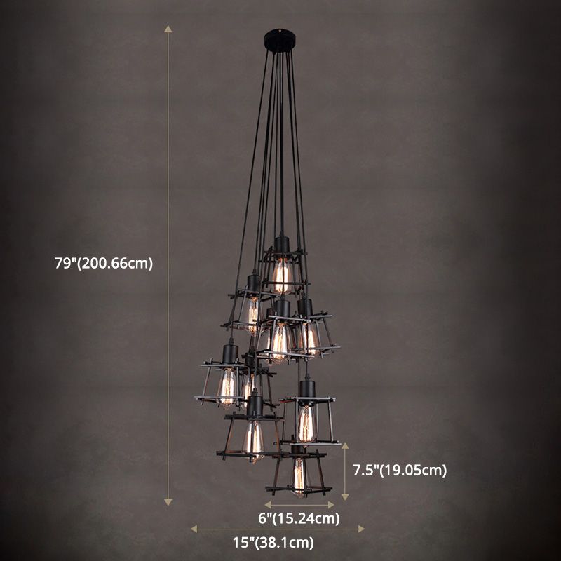 Tombre de jaula negra Múltiples luces colgantes colgantes Iluminación colgante de luz múltiple de metal industrial para sala de estar