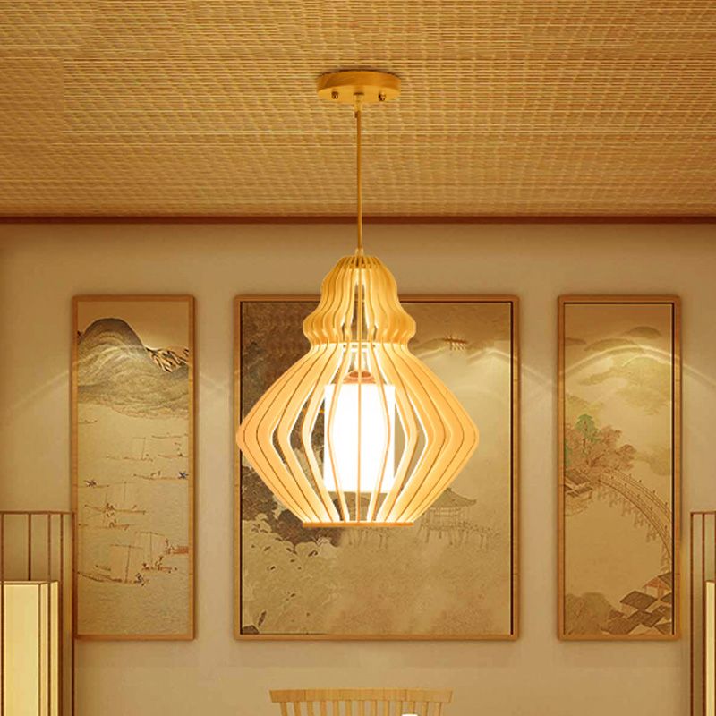 Bellied Basswood Ceiling Hanging Lantern Asian 1 Light Beige Pendant Light over Restaurant Table