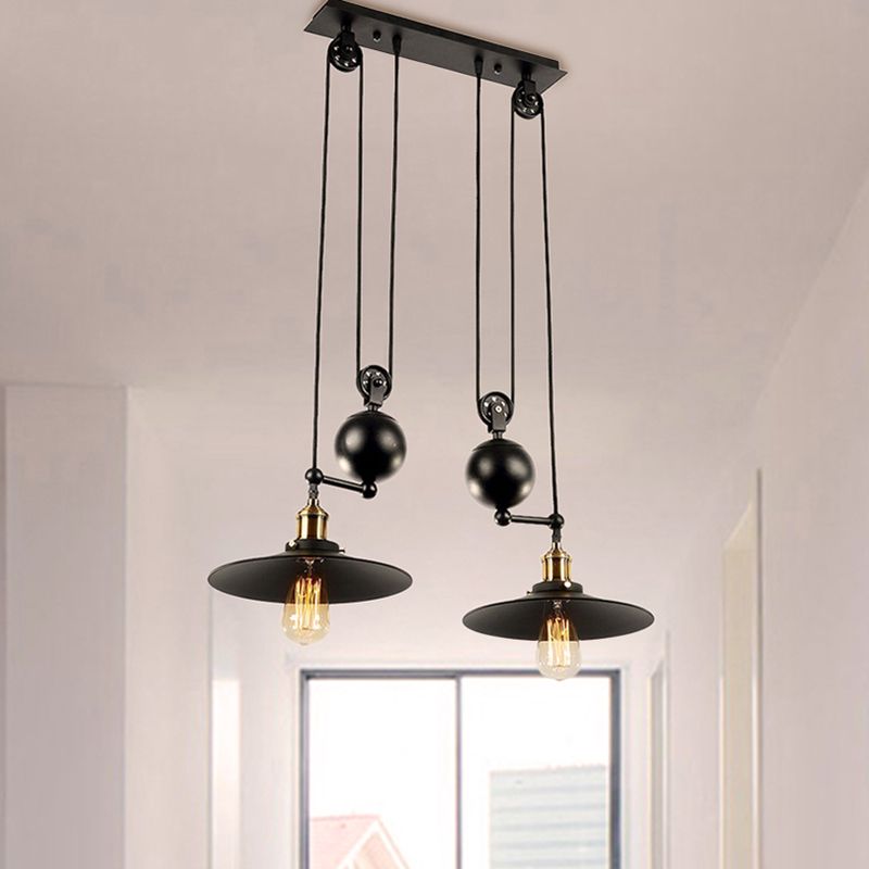 Flared Shade Metal Pendant Lighting Industrial 2 Lights Warehouse Ceiling Light Fixture with Pulley in Black