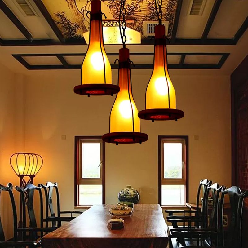 Brown 1 Head Ceiling Pendant Warehouse Yellow Glass Bottle Hanging Light Kit with Wood Tray Design