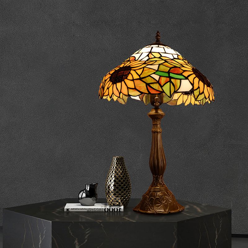 Baroque Bowl Shade Table Light 1-Bulb Hand Cut Glass Sunflower Patterned Nightstand Lighting in Yellow/Orange