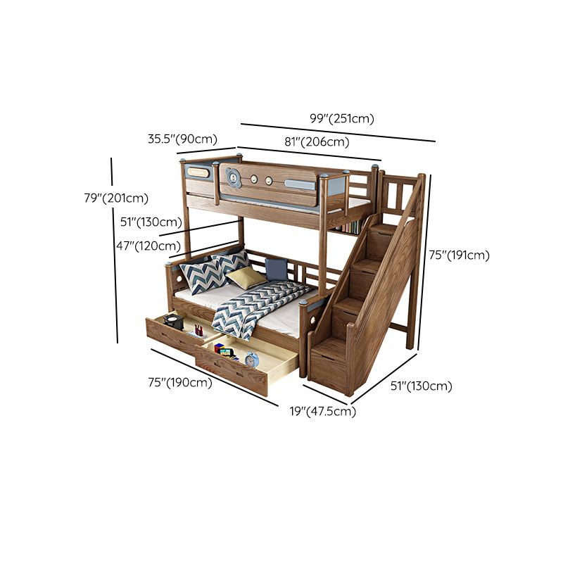 Brown Ash Standard Bunk Bed Solid Wood Scandinavian Bed with  Guardrail