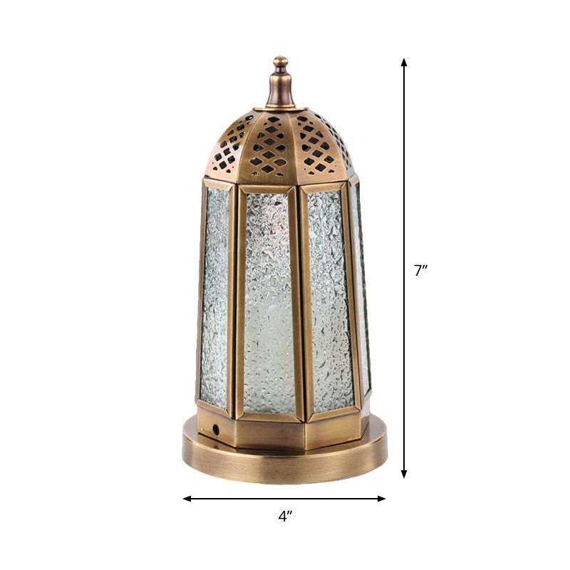 Antiqued Tower Desk Lighting 1 Head Clear Pebbled Glass Night Table Lamp in Brass