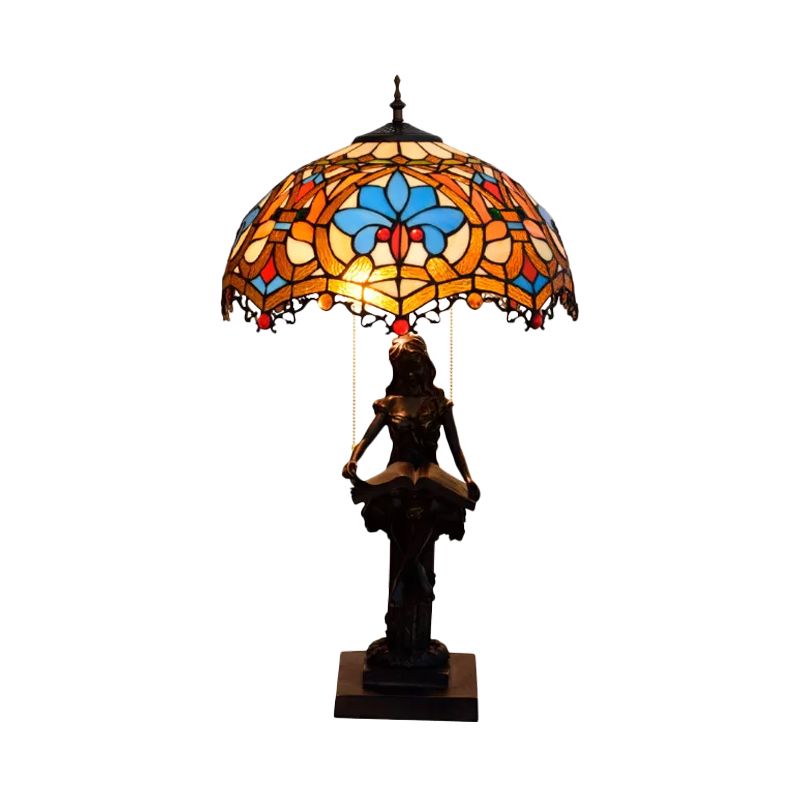 2-Light Reading Girl Table Light Tiffany Bronze Resin Pull Chain Night Lamp with Bird Blue-Brown/Net Yellow-White Glass Shade