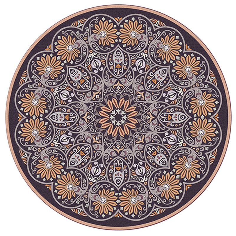 Round Multicolor Floral Print Rug Polyester Carpet Retro Anti-Slip Backing Indoor Rug for Home Decor