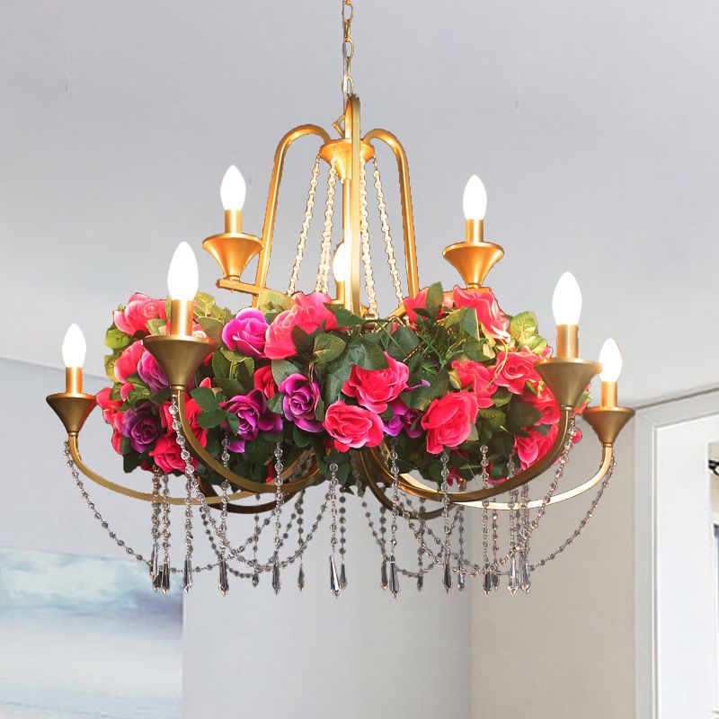 9 Lights Pendant Chandelier Antique Candelabra Iron Flower Ceiling Hang Fixture with Clear Crystal in Gold