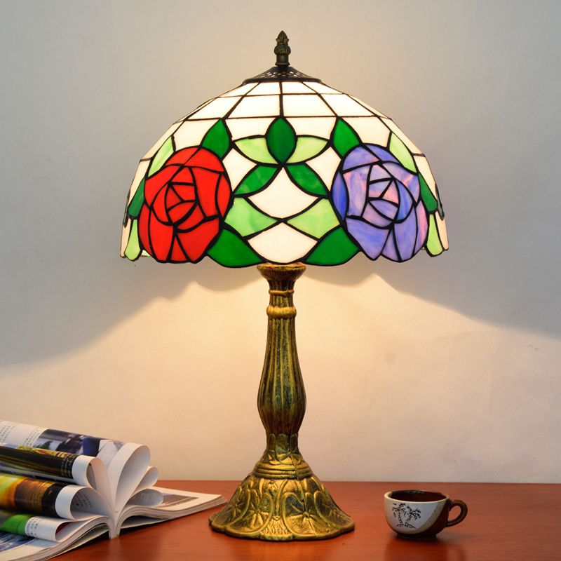 1 Head Table Lamp Decorative Dome Shade Stained Glass Nightstand Light for Living Room