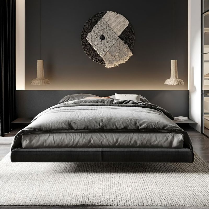 Wood and Upholstered Platform Bed Frame Modern Platform Bed in Dark Grey