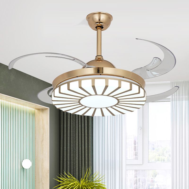 Gold LED Ceiling Fan Light Simplicity Acrylic Circular 4 Clear Blades Semi Flush Mount Lighting for Restaurant, 42" Wide