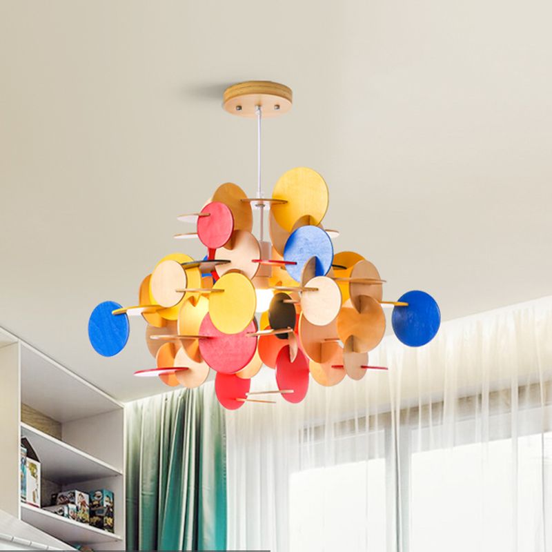 Puzzle Wooden Ceiling Pendant Nordic 1-Light Kid's Bedroom Hanging Lamp in Multicolor/Natural Color