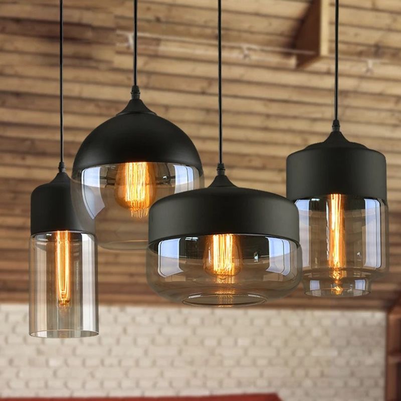 Shaded Glass Hanging Light Fixture Industrial Restaurant Ceiling Pendant Light in Black