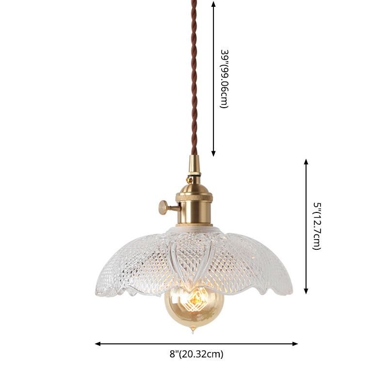 Loft Style Shaded Pendant Light Kit 1-Head Carved Glass Suspension Lighting in Brass