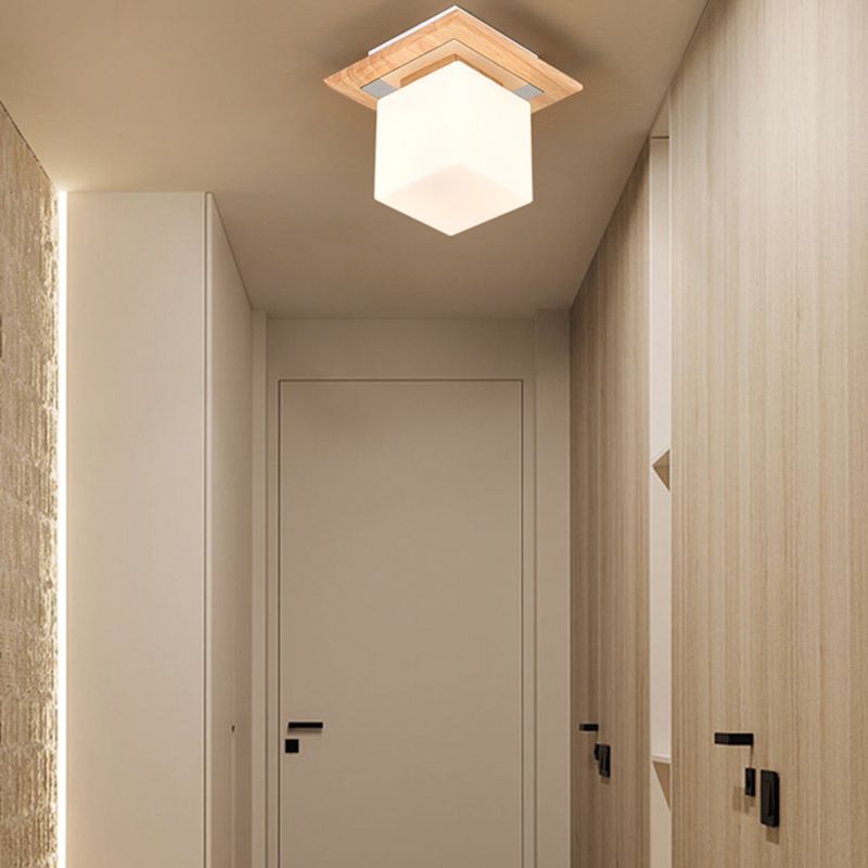 Modern Wood Flush Mount Square Shape Ceiling Light with Glass Shade for Living Room