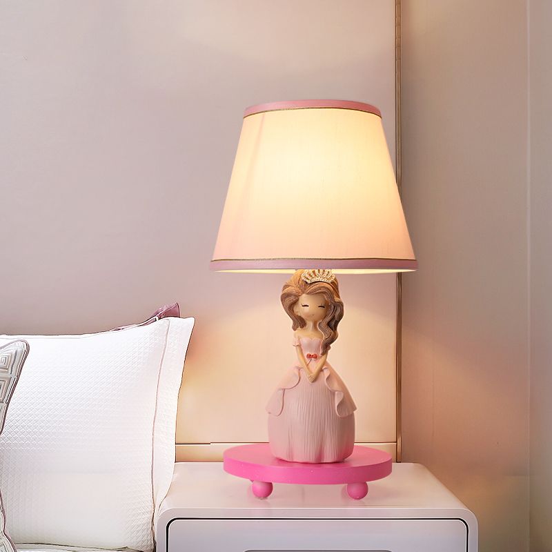 Fabric Conical Table Lamp Cartoon 1-Bulb Pink Nightstand Light with Princess Design