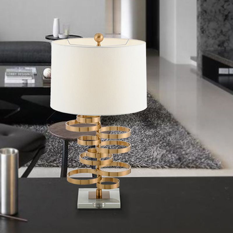 1-Head Bedroom Night Table Light Post-Modern White Metal Nightstand Lamp with Drum Fabric Shade