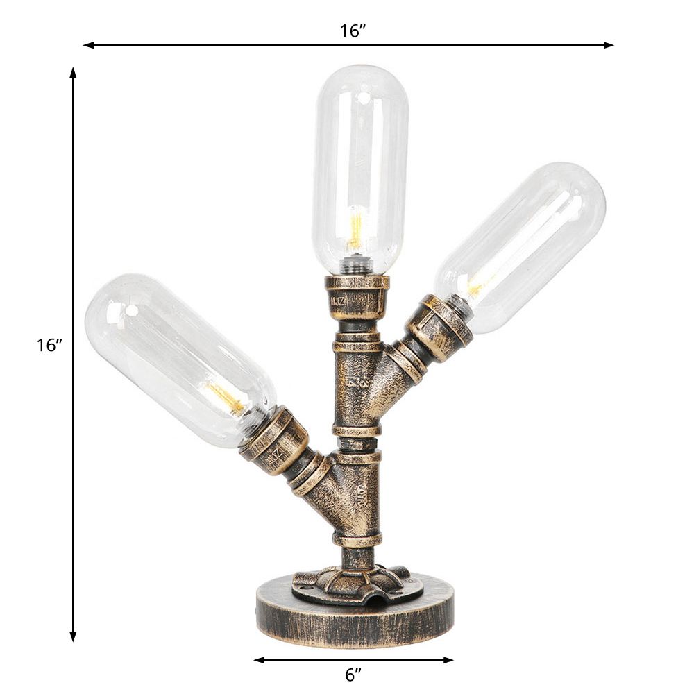 Aged Bronze 3 Bulbs LED Table Lamp Industrial Amber/Clear Glass Capsule Nightstand Light for Teahouse