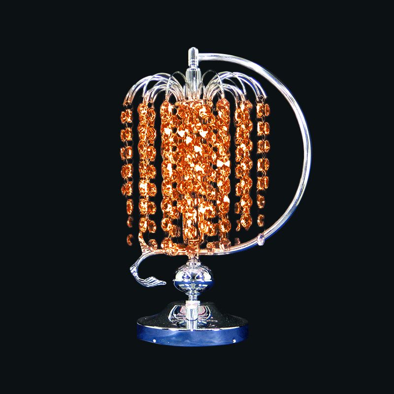 1-Head Drooping Tassel Night Light Retro Pink/Yellow/Blue Crystal Table Lighting with Polished Chrome C Arm