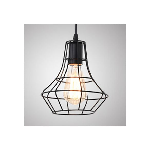 1 Head Pendant Lamp Antique Style Open Cage Metal Hanging Light Fixture in Black for Hallway