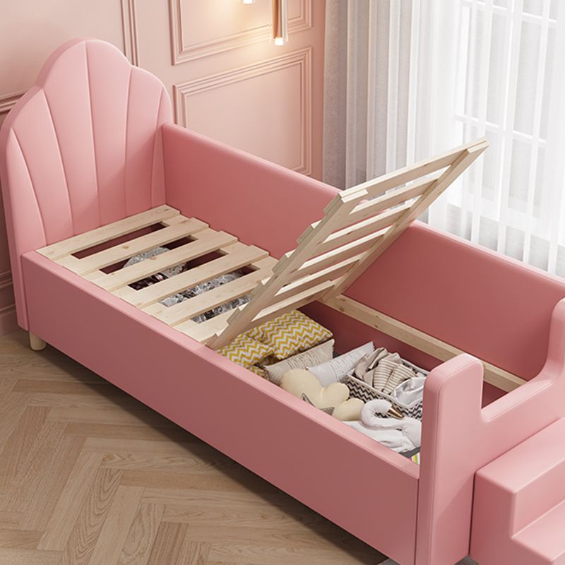 Scandinavian Bed, Pink Solid Wood Panel Bed Frame with Upholstered Headboard