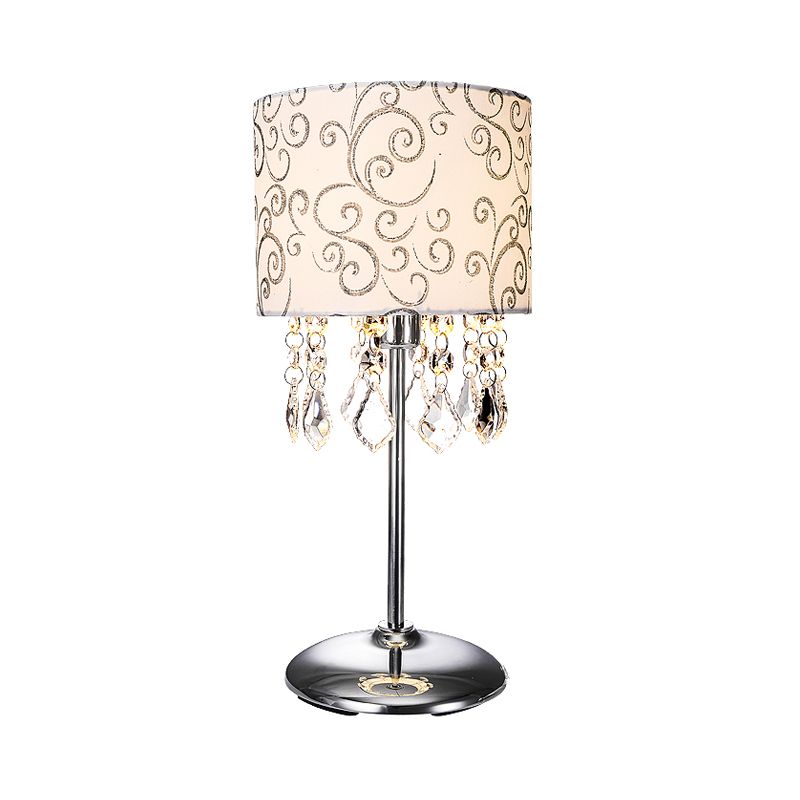 Cylindrical Fabric Night Lamp Modern Stylish 1-Light Bedroom Table Light in Nickel with Swirl Pattern and Crystal Drape