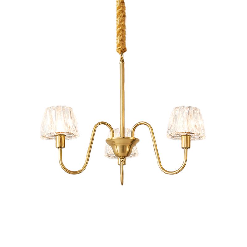 Brushed Brass Cone Hanging Ceiling Light Modern Crystal 3/6/8 Lights Suspension Light with Curved Arm