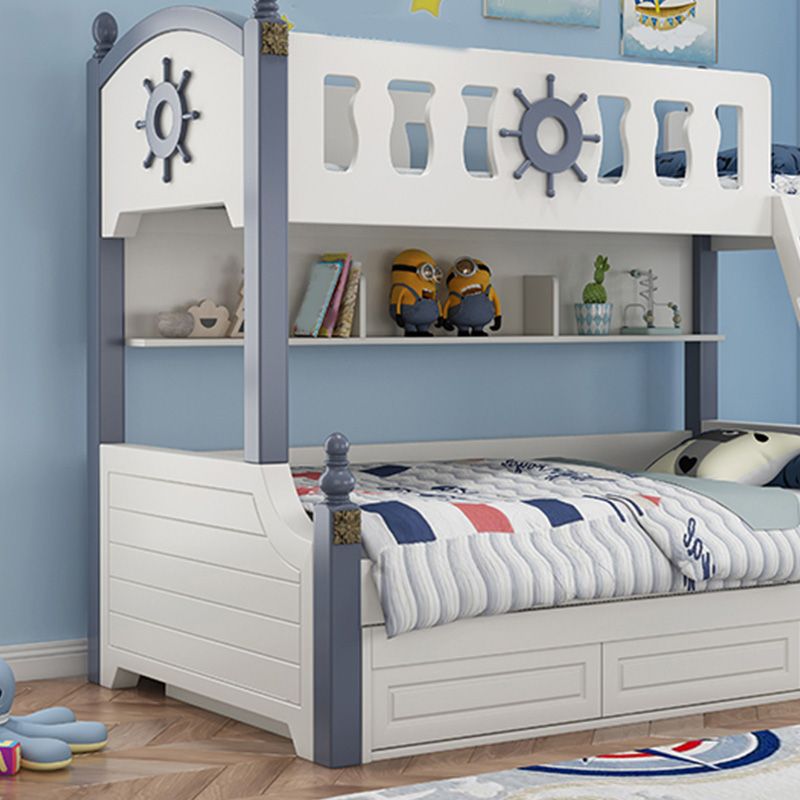 Coastal White Bunk Bed with Storage Shelves in Solid Wood Bed