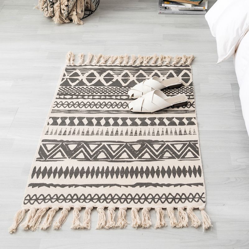 Ethnic Geometric Pattern Rug Multi-Color Cotton Blend Area Carpet Machine Washable Handwoven Rug with Tassel for Room