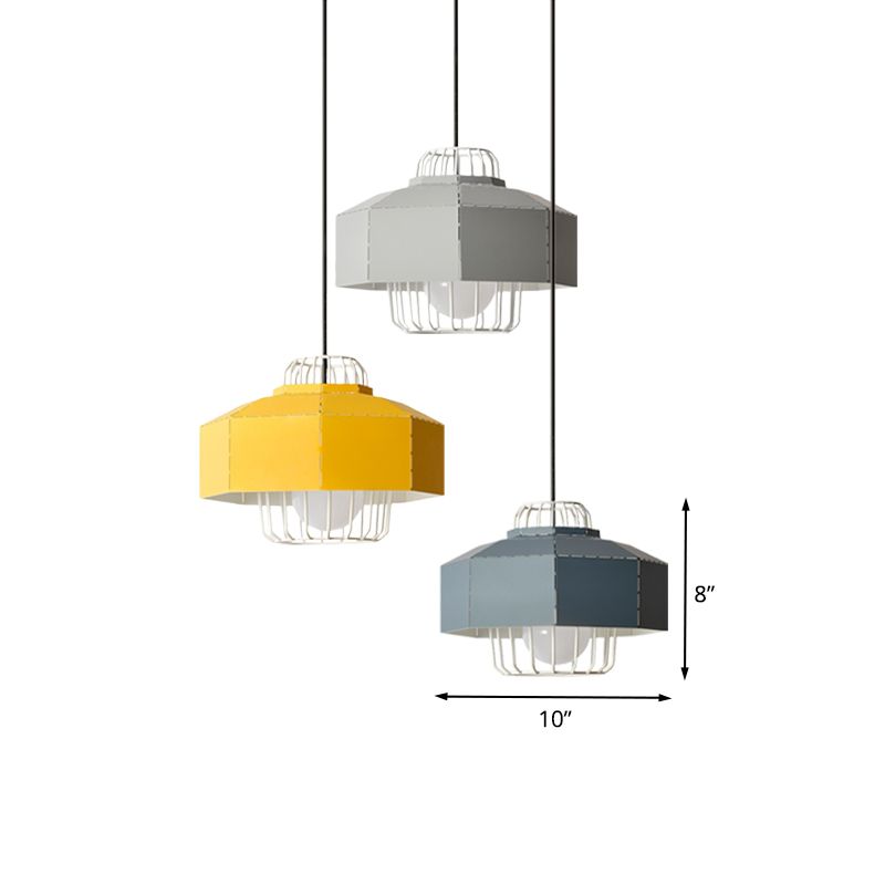 Macaron Faceted Barn Shaped Drop Pendant Iron 3 Heads Living Room Multi Hanging Light with Black Round/Linear Canopy