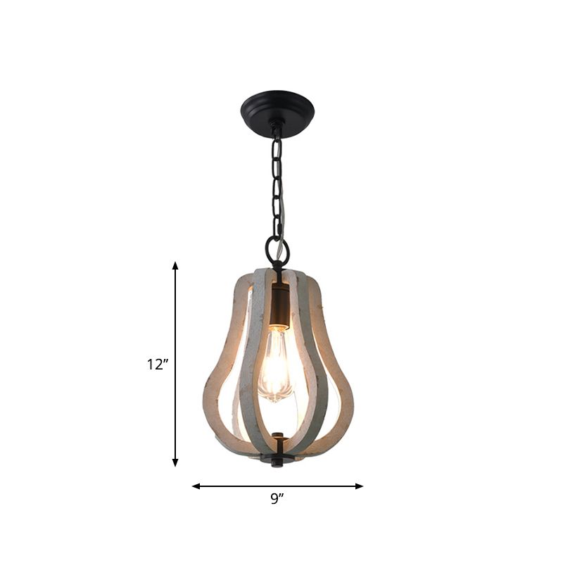 1 Light Caged Pendant Light Kit Classic Distressed White Wood Hanging Lighting for Dining Room