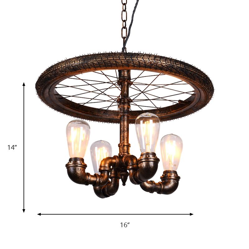 Wheel Design Living Room Chandelier Lamp Vintage Style Metal 4 Lights Rust Pendant Light with Pipe