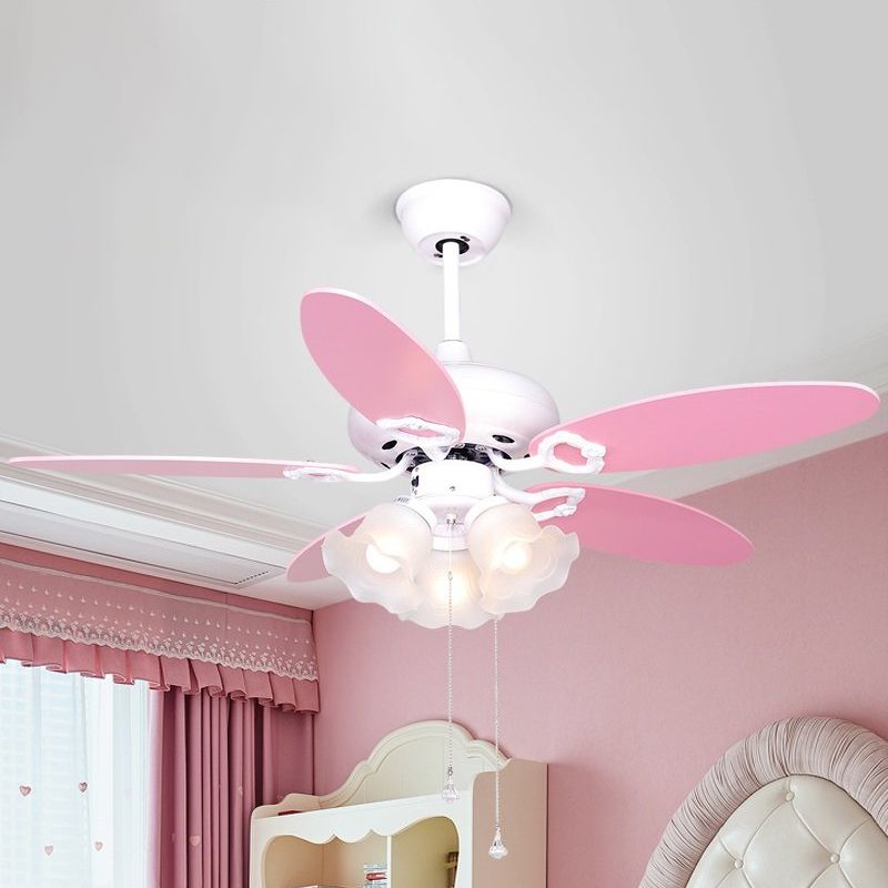 3-Bulb Semi Flush Light Kids Bedroom 5 Pink Blades Hanging Fan Lamp with Floral Opal Glass Shade, 42" W