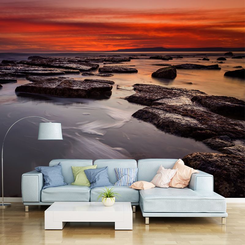 Tropical Sea Ebb Mural Decal Grey-Orange Stain Resistant Wall Art for Living Room