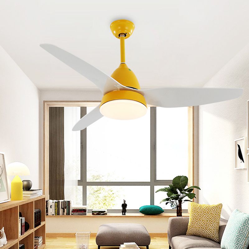 Modern 50" W LED Ceiling Fan Lighting with Acrylic Shade Grey/Yellow/Green Cone Semi Flush Lamp over Dining Table, 3 White Blades