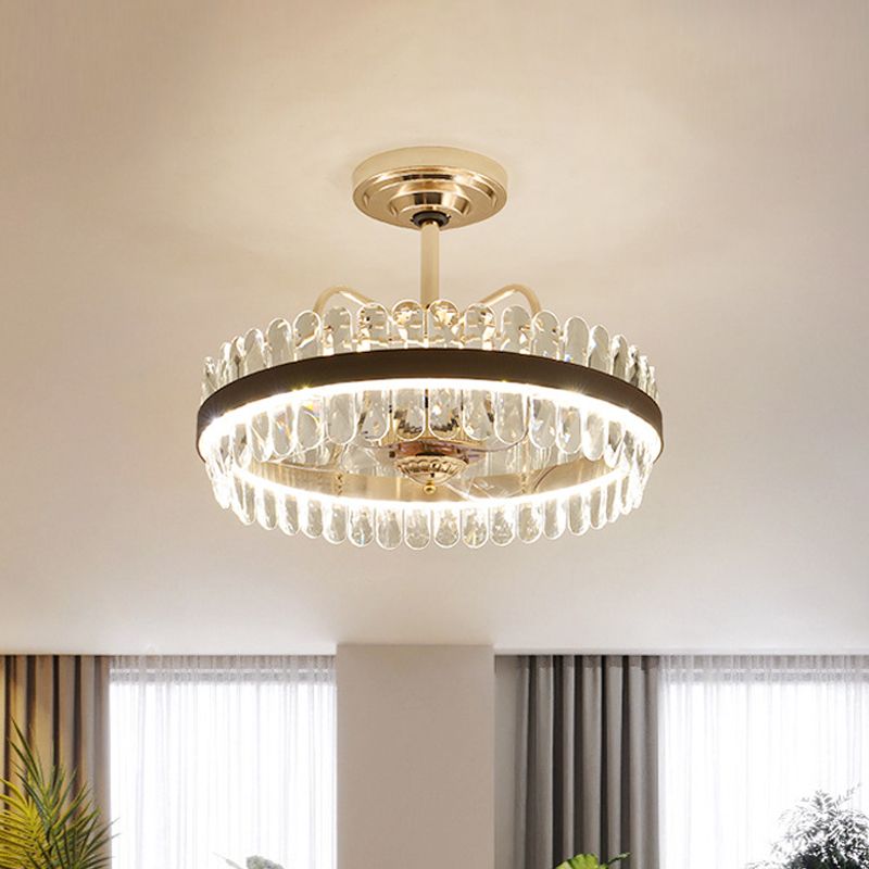 3-Blade Crystal Light Gold Pendant Fan Light Circle 31.5" Wide 8 Bulbs Traditional Semi-Flush Mount