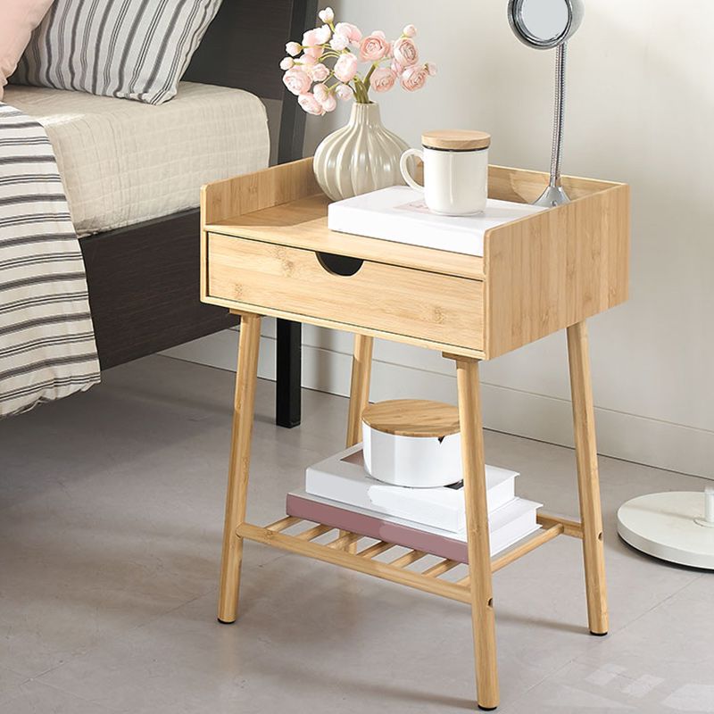 Modern Glass Top Night Table Open Storage Bamboo Bed Nightstand with Legs