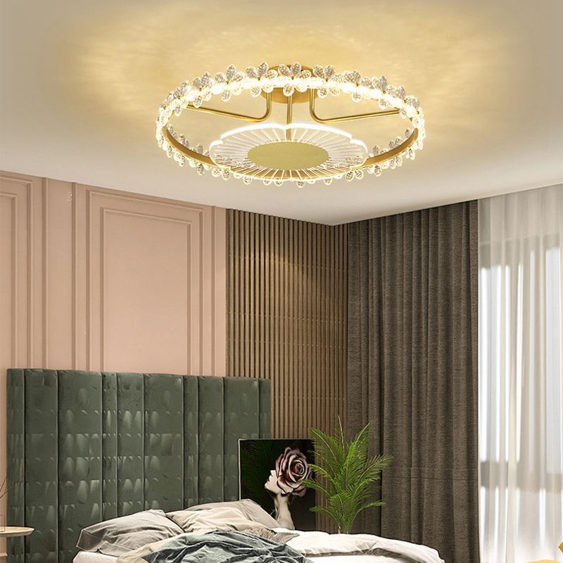 2-Light Golden Flush Mount Lighting Metal LED Ceiling Light with Crystal