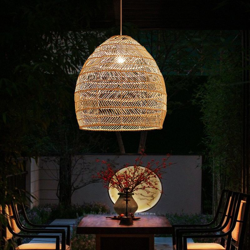 Single-Bulb Restaurant Hanging Lamp Minimalist Ceiling Light with Cloche Rattan Shade