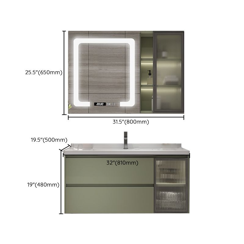 Waterproof Vanity Green Wood Frame Single Sink Drawers Mirror Wall-Mounted Vanity