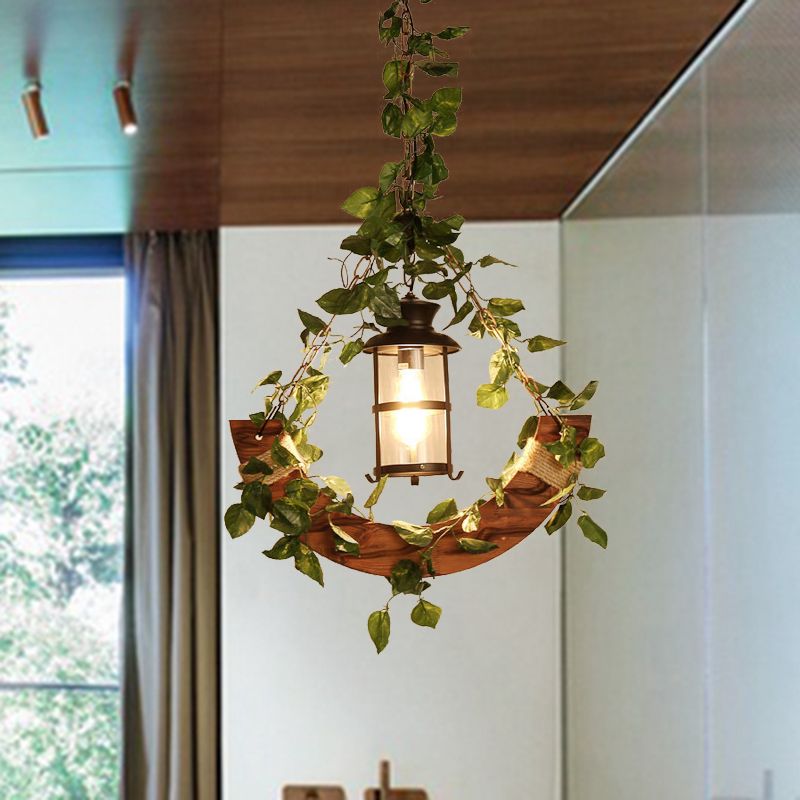 Vintage Lantern Suspension Lamp 1 Head Metal LED Pendant Light in Pink/Green with Plant/Cherry Blossom for Restaurant