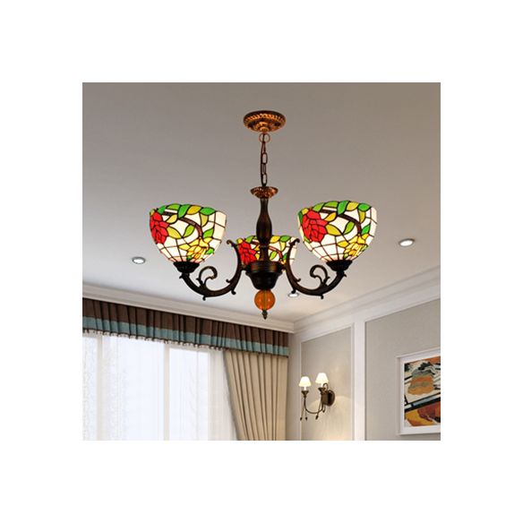 Colorful Bowl Chandelier Light with Flower/Rose/Sunflower/Yellow Flower Pattern Retro Style Stained Glass 3 Bulbs Inverted Chandelier in Brass