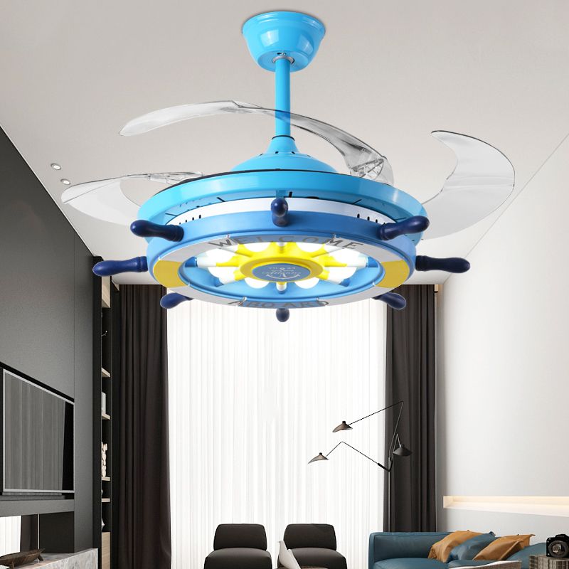 Blue Rudder Pendant Fan Light Fixture Children Style Metal LED Semi Flush Light