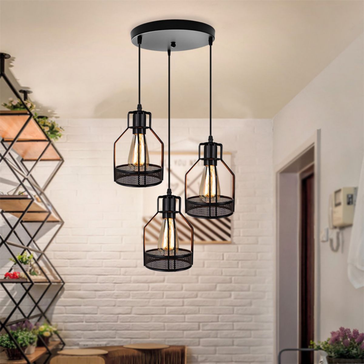 3 Heads Metal Cage Pendant Light Fitting Nordic Industrial Hanging Lights for Coffee Shop